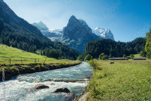 View of Rosenlaui with wellhorn and Reichenbach river in summer at Bern, Switzerland