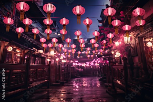 Pink lanterns adorn the walkway