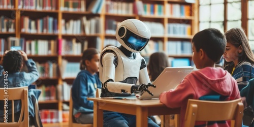 Modern classroom, teachers employ artificial intelligence to enhance education by delivering lessons, teaching from books, and facilitating learning among students. photo