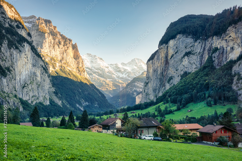Lauterbrunnen valley with rustic village in the evening at Switzerland