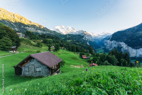 Wengen mountain village on bernese oberland and Lauterbrunnen valley with Jungfrau mountain in the evening at Switzerland