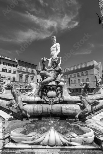 Historical landmark Neptune Sculpture - Fontana del Nettuno - Neptun fontain - near Palazzo Vecchio, Florence, Tuscany, Italy