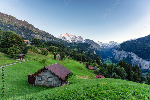 Wengen mountain village with Jungfrau mountain and Lauterbrunnen valley in the evening © Mumemories