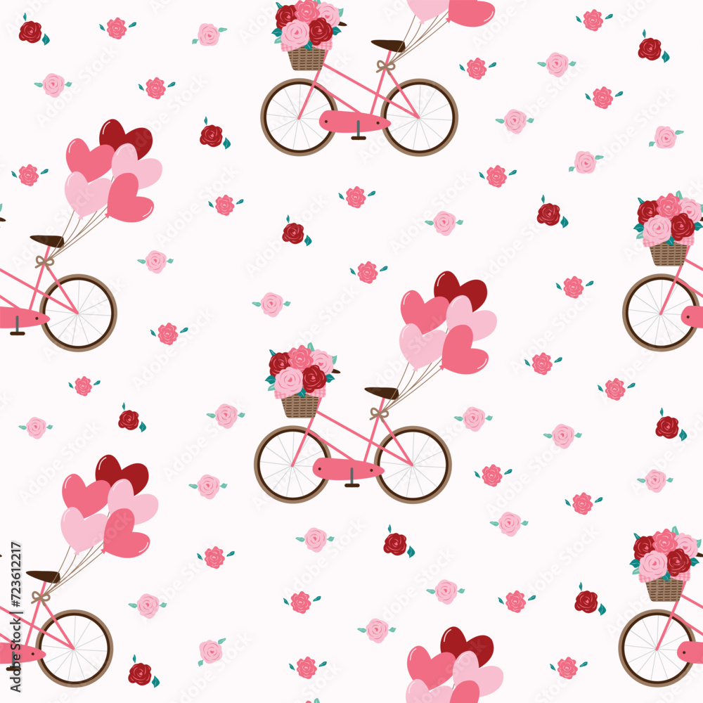 valentine pink love heart roses bicycle seamless pattern vector illustration for invitation greeting birthday party celebration wedding card poster banner textiles wallpaper paper wrap background