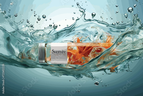 Oil cosmetic bottle on water waves background, top view