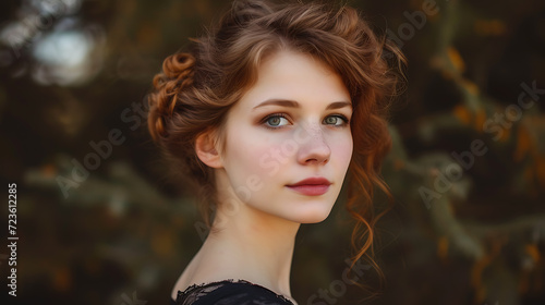 A captivating portrait of a young woman exuding grace and charm with her elegant updo and mesmerizing hazel eyes. Her radiant smile enhances her natural beauty, making her the epitome of sop
