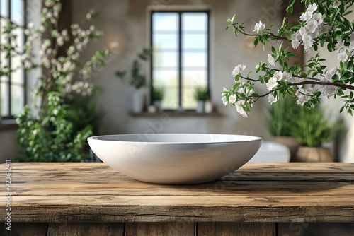 White bathroom interior. Empty wooden table top with plant for product display with blurred bathroom interior background