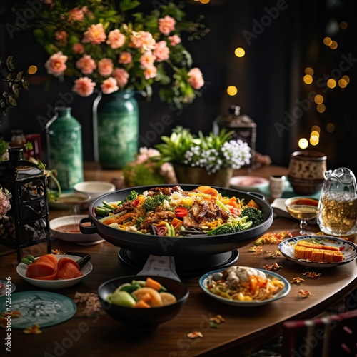 A table filled with a variety of dishes including vegetables, fruits, and other foods.