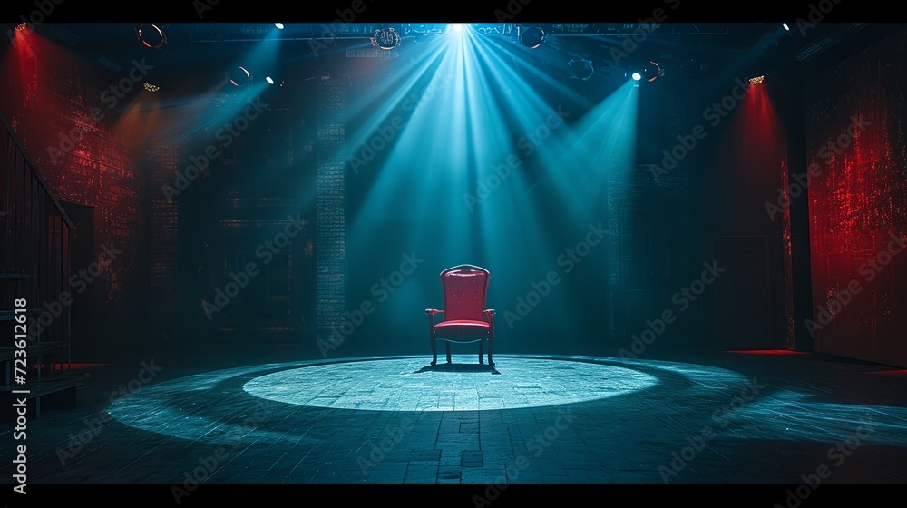 Dramatic red and blue lighting sets the stage for an upcoming theatrical performance. - obrazy, fototapety, plakaty 