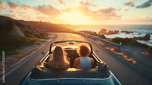 Friends on a exhilarating coastal road trip, wind in their hair, in a sleek convertible car. Breathtaking ocean views and endless sunshine make this adventure truly unforgettable. photo