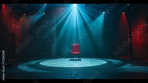Dramatic red and blue lighting sets the stage for an upcoming theatrical performance. photo