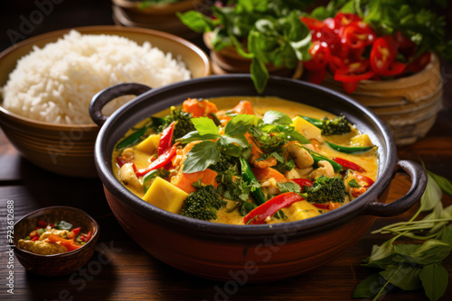  Photo of a vegan Thai curry with coconut milk, tofu, and mixed vegetables, in a clay pot, with jasmine rice on the side