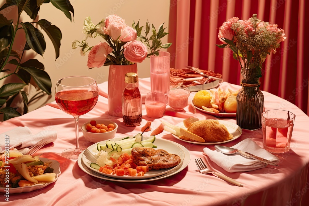 Pink dining table with a variety of foods and wine Pink dining table with a variety of foods and wine