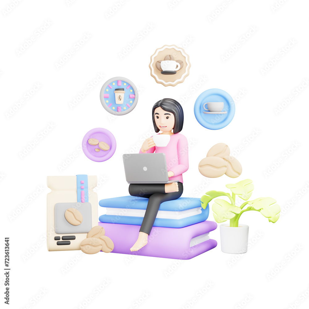 Girl Using Laptop and Drinking Coffee - 3D Character Illustration for E-Learning and Freelancing Girl Using Laptop and Drinking Coffee - 3D Character Illustration for E-Learning and Freelancing