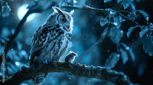 Owl and Mouse Share a Tranquil Moment on a Moonlit Branch Surrounded by Lush Foliage photo