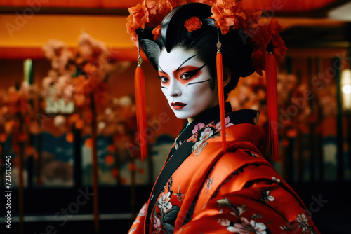 
Photograph of a Kabuki actor in vibrant costume and dramatic makeup, posing in a classic Kabuki theatre setting