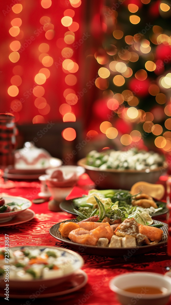 Traditional concept Chinese new year table set up and dish. Lunar new years. Asian festive food