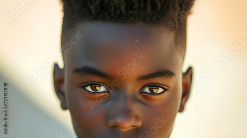 A charismatic teenage boy exudes confidence and style in this striking high-angle portrait photo. His vibrant personality shines through as he gazes directly into the camera, inviting viewer