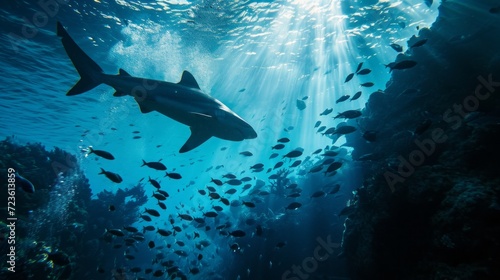 Graceful Shark Expressing Love Amidst School of Fish Under Sunlit Ocean Surface