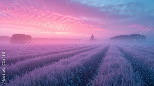 Serene pastel dawn over a cornfield with soft pink and blue hues