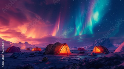 A surreal campsite under the mystical aurora borealis in a breathtaking arctic landscape.