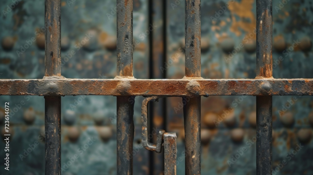 Old prison rusted metal bars cell lock isolated on grange background. Jail bars. Old prison rusted metal bars cell lock isolated on grange background. Jail bars.