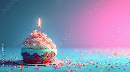 Delicious birthday cupcakes with pink frosting and sprinkles on festive table. Tasty homemade cake with burning candles perfect celebrations. Beautiful pastel themed birthday cake with bright sweet