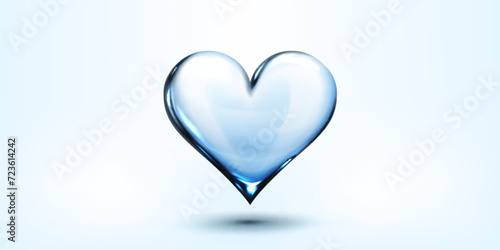 Glass transparent heart floating in air for romance and St Valentine Day design. 3d realistic vector illustration of translucent blue glossy crystal bubble love symbol with shadow and refraction.