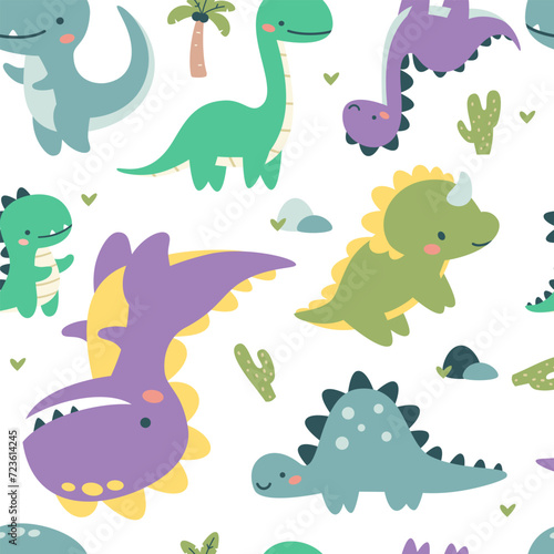Seamless vector pattern. Cute dinosaurs in bright colors. Illustrations in a simple children's style. White background . Vector illustration © Alena