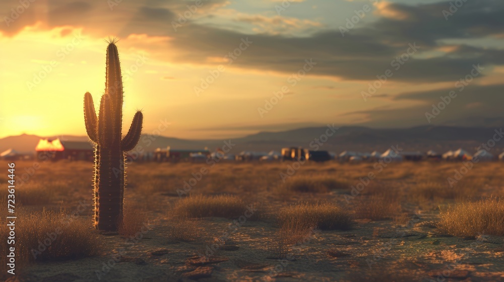 Cactus plant stands out, sunset glow, music festival background. Cactus in the desert, festival lights twinkle in the background.