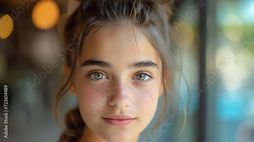 Dazzling portrait of a trendy teenager rocking a top knot hairstyle and captivating playful light brown eyes. This charming image radiates youthful energy and style, making it perfect for ad
