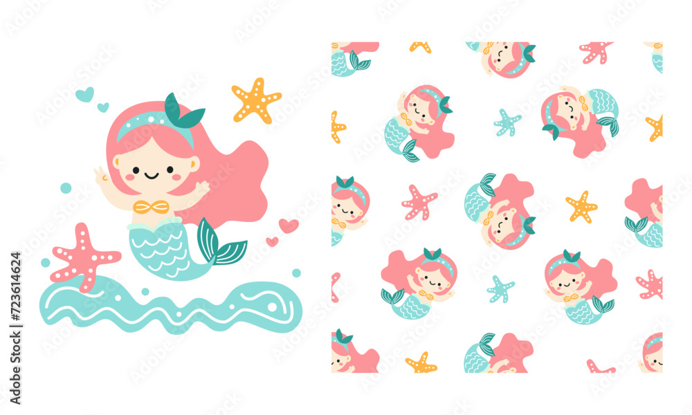 Set of vector materials for printing on children's products. Cute mermaid and starfish. Print and seamless vector pattern . Vector illustration