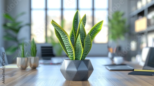 Snake plant in modern office for clean air  on wooden desk. Eco-friendly office has snake plant for better creativity and air. 