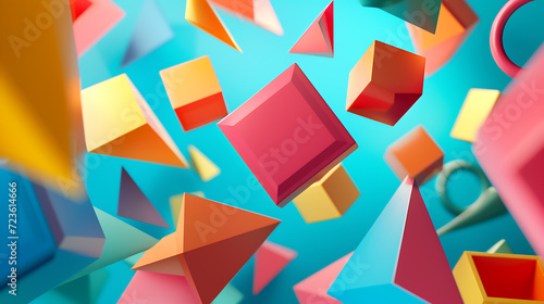 A mesmerizing, futuristic artwork featuring vibrant, floating geometric shapes in a stunning 3D abstract render. Perfect for adding a dynamic touch to any design project. photo