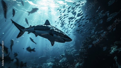 majestic shark swimming amidst a school of fish under the ocean’s surface, illuminated by sunlight rays © stock photo
