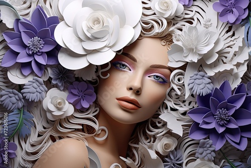Female head with elaborate purple and white flower crown