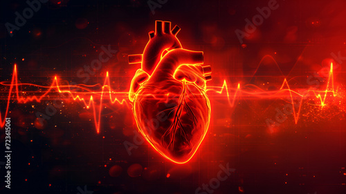 Abstract human heart shape with red cardio pulse line. Creative stylized red heart cardiogram with human heart on black background. Health, cardiology, cardiovascular diseases concept, generative ai