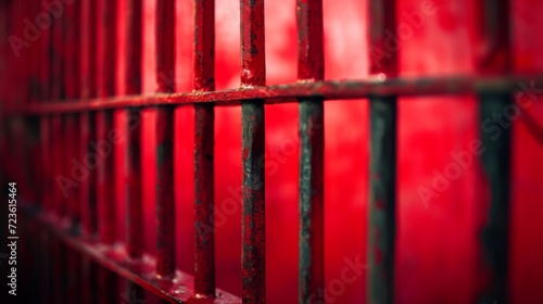 Old prison rusted metal bars cell lock isolated on red background. Jail bars.