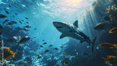 Graceful Shark Swimming Amidst School of Tropical Fish Under Sunlit Ocean Surface © stock photo