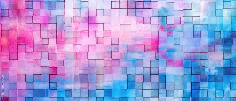 Pink and blue abstract grunge glass square mosaic tile mirror wall, creating a textured background, Ai Generated