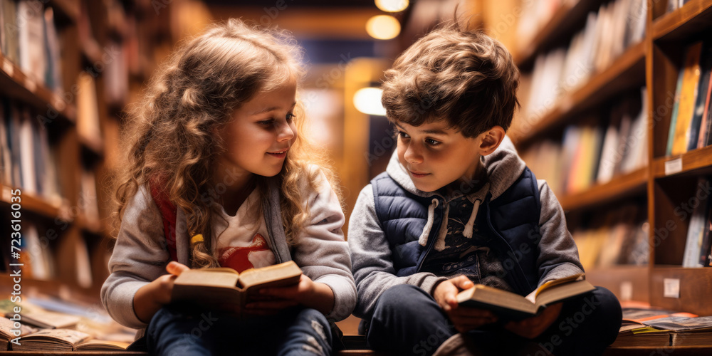 Two children lost in the world of books: a young boy and girl sitting on the floor, engrossed in reading at a cozy bookstore - obrazy, fototapety, plakaty 