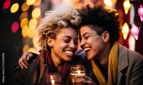 Joyful non-binary person whispering to laughing African American partner, sharing a moment of love and celebration with festive lights