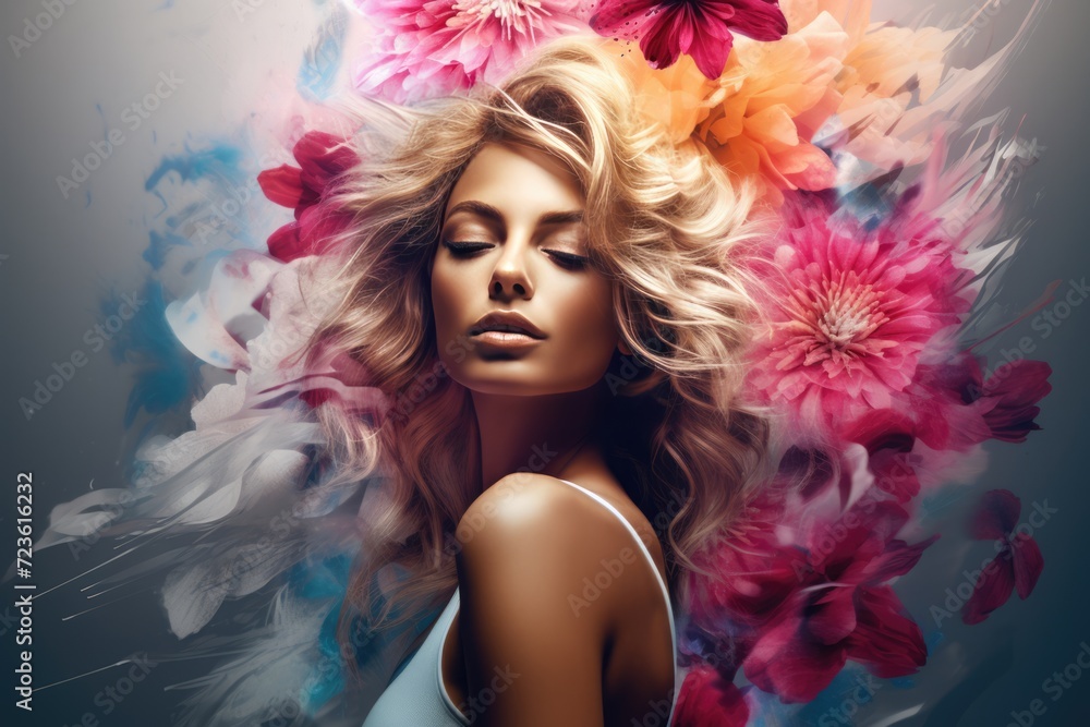 Female Model with Long Blonde Hair Posing with Flowers