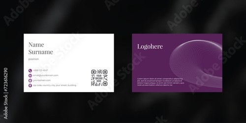 Creative vector business card design with purple background and lines, visiting card template, cutaway mockup, calling card ready for printing, identification card with icons for contact information
