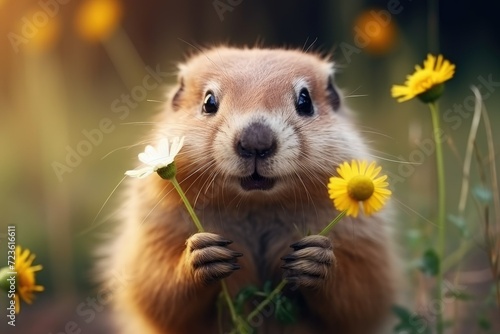 The muzzle of a cute animal with wildflowers. A charming hamster holds white and yellow flowers. Close-up.