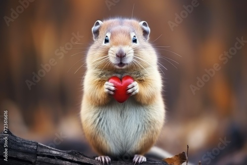 A charming red-haired hamster holds a small red heart.