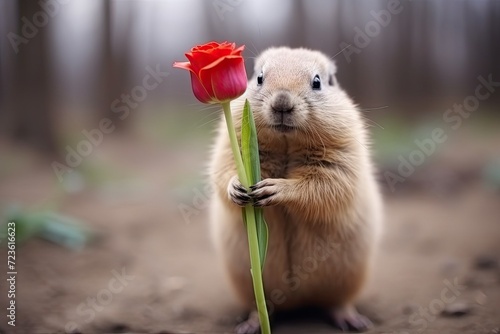 A charming hamster with a red flower on the background of nature. The animal is holding a red tulip. Close-up.