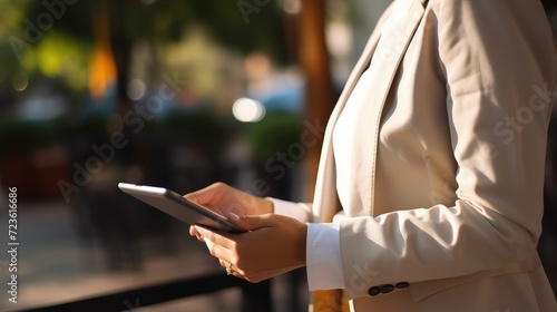Focused businesswoman working with tablet in natural daylight, closeup shot, realistic photo, Ai Generated.