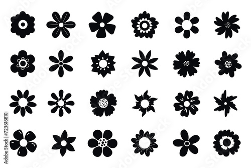 Flower icon silhouettes isolated on white background. Simple daisy flowers black silhouettes set. Flowers head symbol set