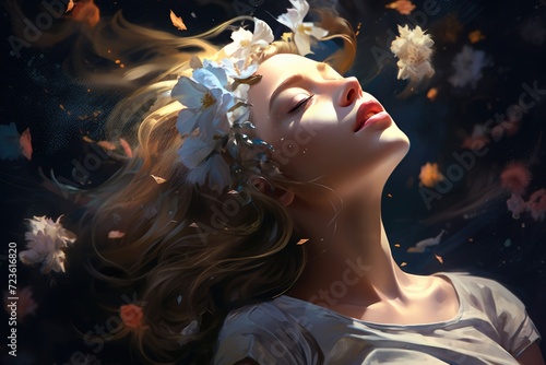 A woman with a crown of flowers rests her head on her hand, surrounded by a gentle breeze that causes her hair to sway.
